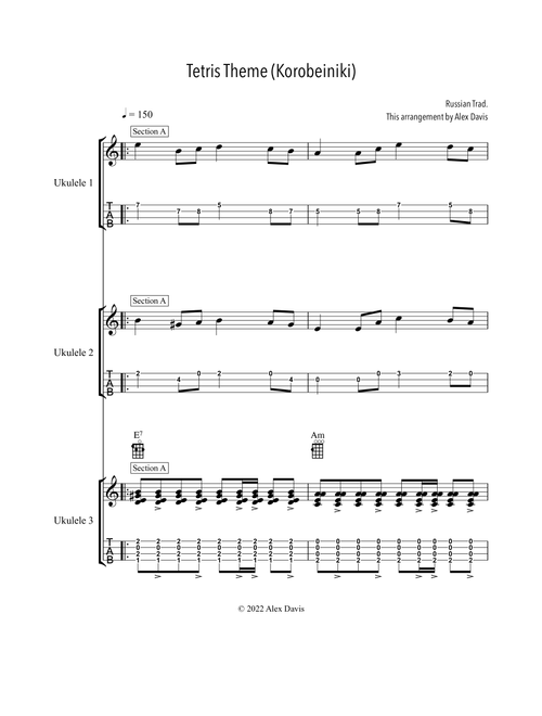 Tetris Theme (Korobeiniki) - 3 Ukulele version with TAB - score and all parts (Arr. Alex Davis) - Hirokazu Tanaka, Nintendo (Ukulele Ensemble)