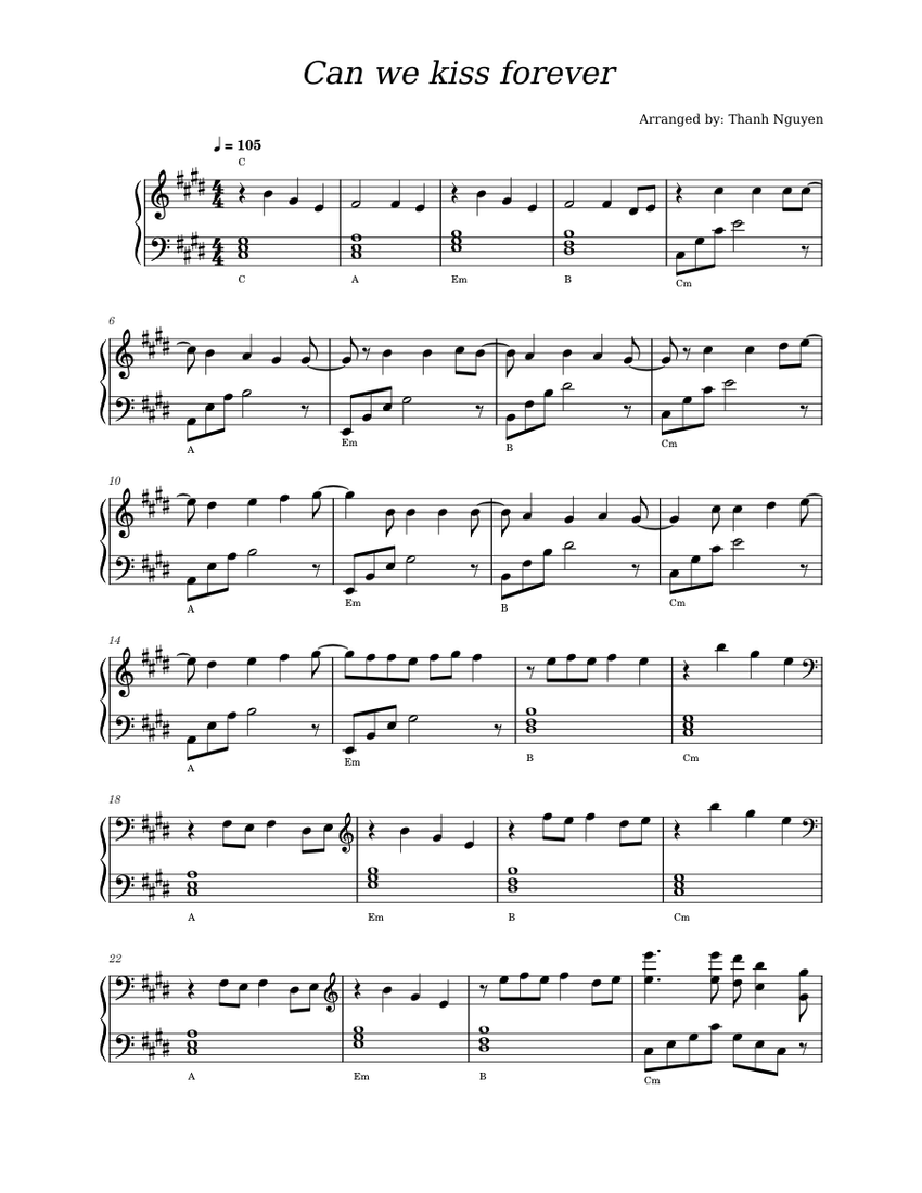 Can We Kiss Forever Kina Arranged By Thanh Nguyen Sheet Music For Piano Solo 5298