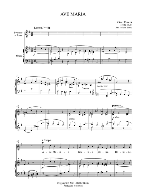 Avé Maria - César Franck for High Voice (Em) (Arr. H. Bento) - Cesar Franck (Piano Vocal)