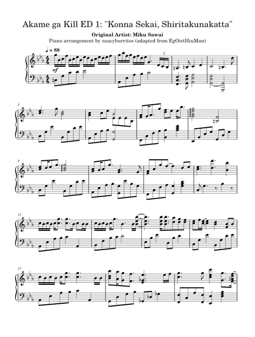 Konna Sekai, Shiritakunakatta – Miku Sawai (Akame ga Kill ED 1 piano)