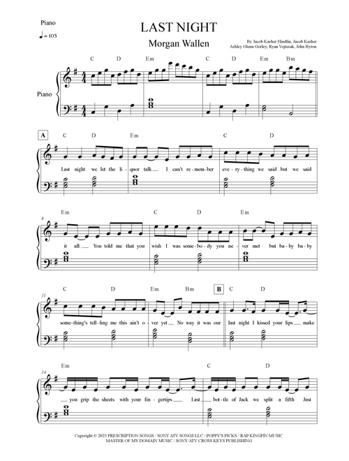 Last Night (Arr. Leo Silva) - Morgan Wallen (Piano Chords-Lyrics)