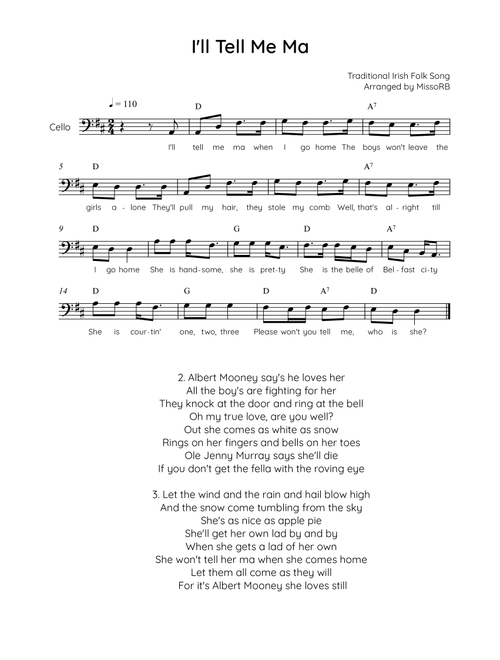 I'll Tell Me Ma - Cello in D Easy with Chords and Lyrics (Arr. MissoRB) - Traditional Irish Folk Song (Cello Solo)