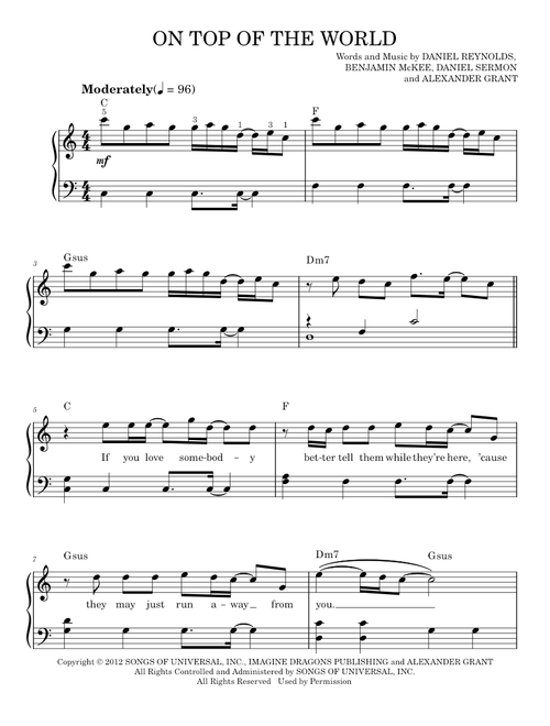 On top of the world - Imagine Dragons (Easy Piano)