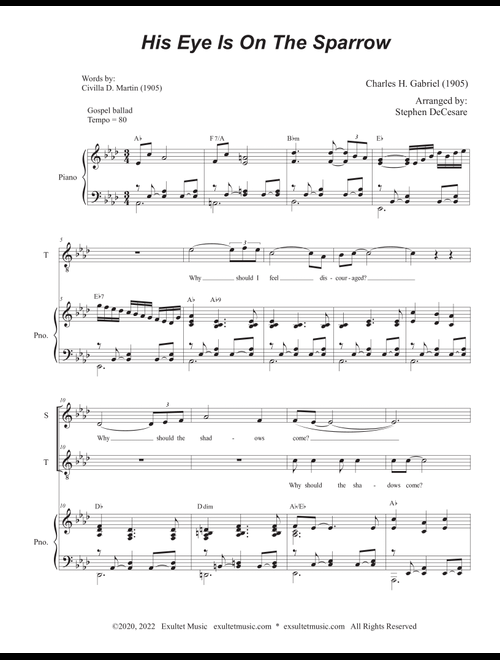 His Eye Is On The Sparrow (Duet for Soprano and Tenor solo) (Easy Vocal Duet Version) (Arr. Stephen DeCesare) (Voice Duet and Piano)
