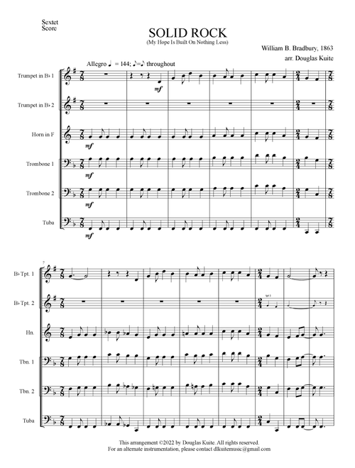 "SOLID ROCK" for brass sextet (Arr. Douglas Kuite) - William B. Bradbury (Brass Ensemble)