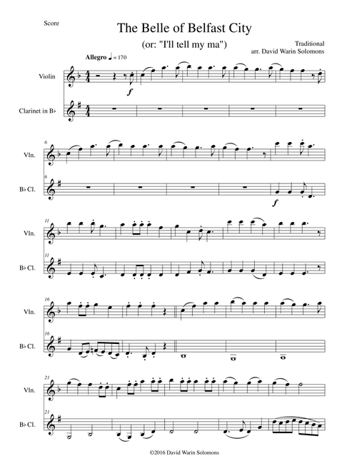 Belle of Belfast City (I'll tell my ma) for violin and clarinet (Arr. David Warin Solomons) - Traditional (Instrumental Duet)