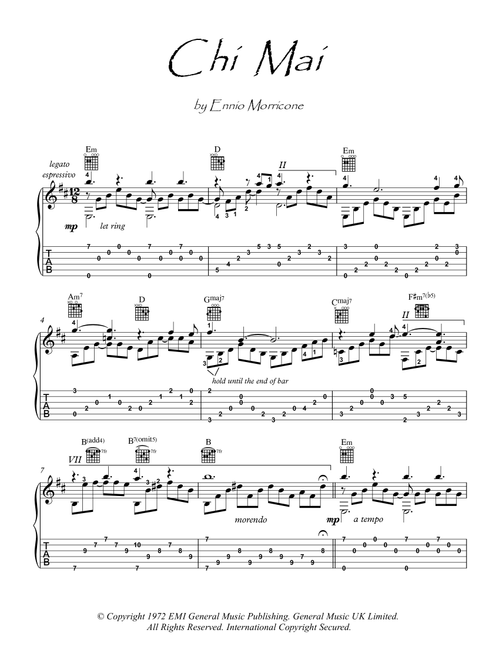 Chi Mai (Arr. PianoSheetNow) - Ennio Morricone (Guitar Tab)