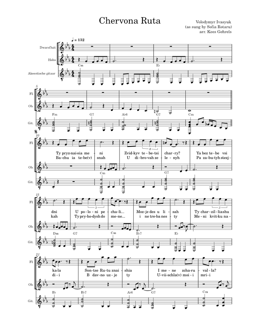 Chervona Ruta – V Ivasyuk Sheet Music with Chords for Flute, Oboe ...