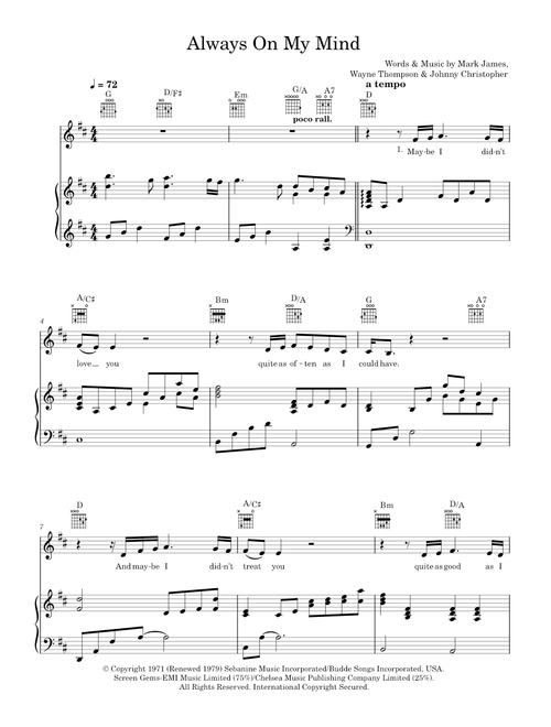 Always On My Mind - Elvis Presley, Willie Nelson (Piano-Vocal-Guitar (Piano Accompaniment))