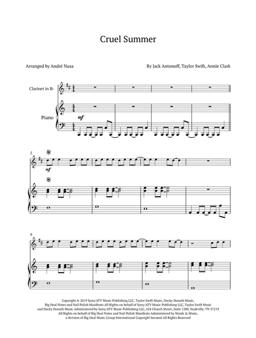 Cruel Summer (Arr. André Nusa) - Taylor Swift (Clarinet and Piano)