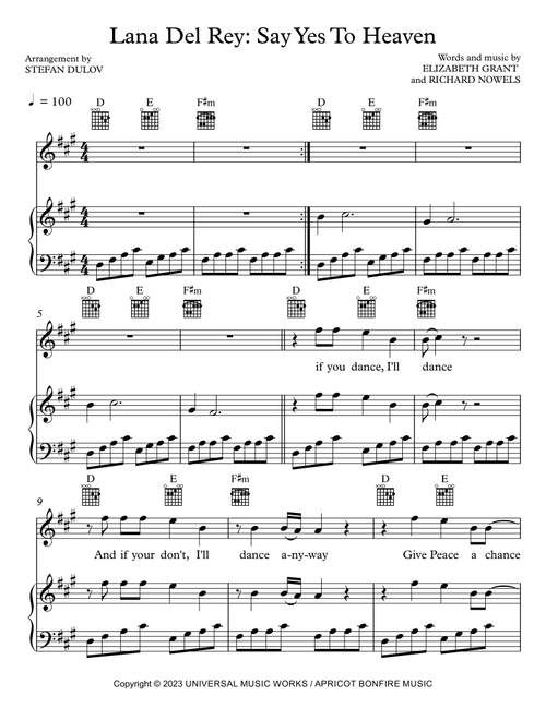 Say Yes To Heaven (Arr. Stefan Dulov) - Lana Del Rey (Piano-Vocal-Guitar (Piano Accompaniment))