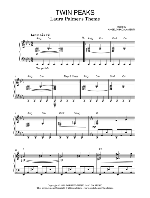 Laura Palmer's Theme (Love Theme From Twin Peaks) (Arr. an3piano) - Various (Piano Solo)