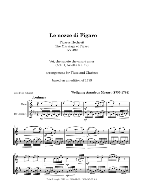 The Marriage of Figaro (KV 492) Mozart - Voi che sapete - easy version for Flute & Clarinet