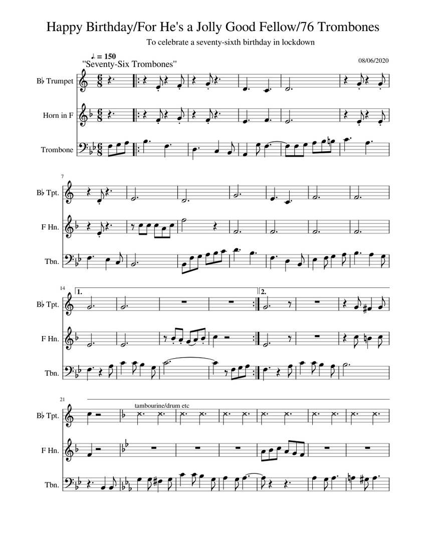 Happy Birthday / For He's a Jolly Good Fellow / 76 Trombones Sheet