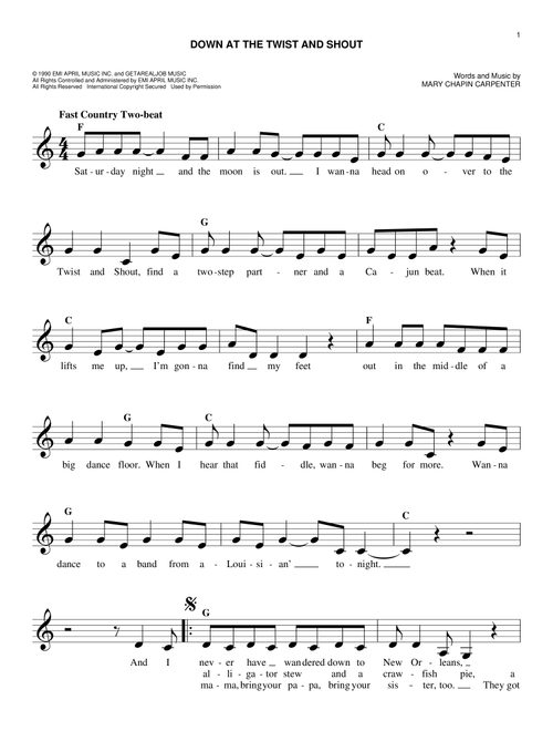 Down At The Twist And Shout - Mary Chapin Carpenter (Easy Lead Sheet - Fake Book)