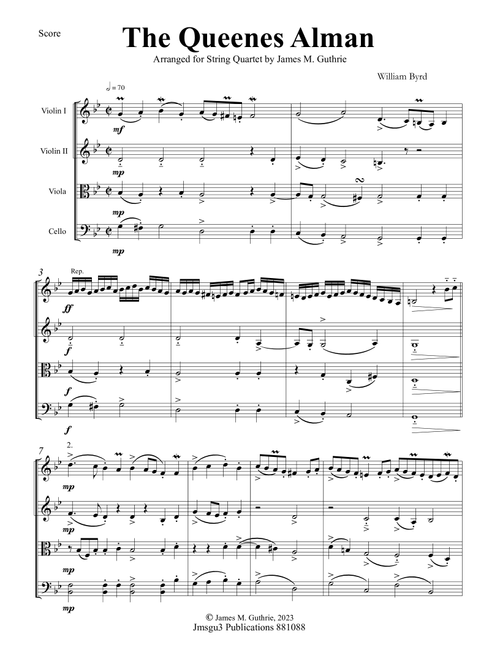 Byrd: The Queenes Alman for String Quartet - Score Only (Arr. James M. Guthrie) - William Byrd (String Quartet)