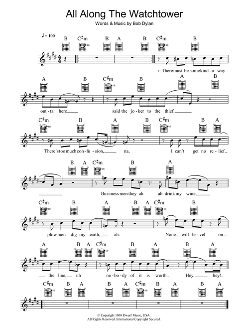 All Along The Watchtower - Jimi Hendrix, U2, Bob Dylan (Lead Sheet - Fake Book)
