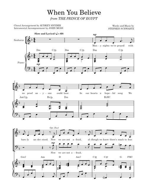 When You Believe – Arr: Audrey Snyder and John Moss;