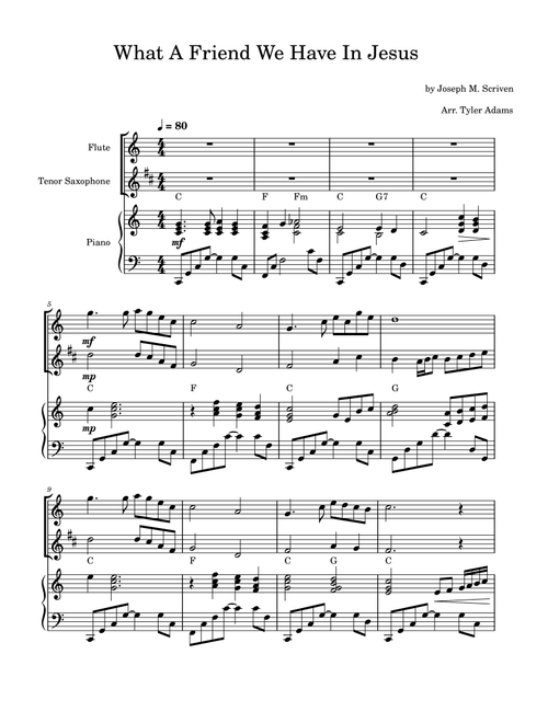 What A Friend We Have In Jesus (Flute and Tenor Sax Duet with Piano) (Arr. Tyler Adams) - Joseph M. Scriven (Instrumental Duet and Piano)