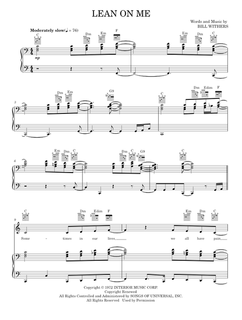 Lean On Me - Bill Withers (Piano-Vocal-Guitar)