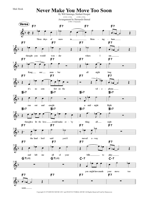 Never Make Your Move Too Soon (Arr. Bernardo Bernal Hidalgo) - Will Jennings, Nesbert Hooper (Lead Sheet - Fake Book)