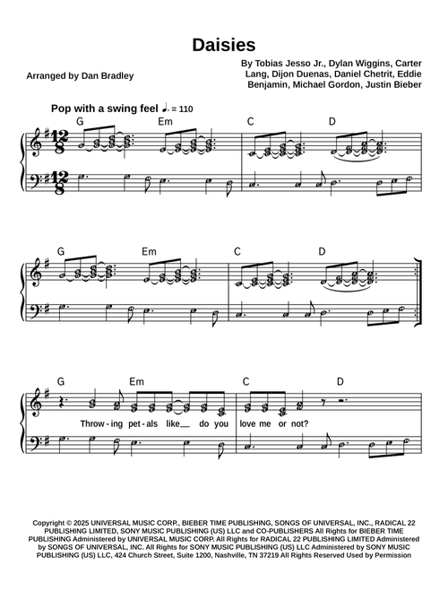 Daisies (Arr. Dan Bradley) - Justin Bieber (Easy Piano)