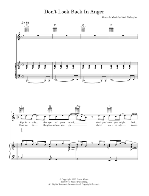 Don't Look Back In Anger - Travis Oasis (Piano-Vocal-Guitar (Piano Accompaniment))