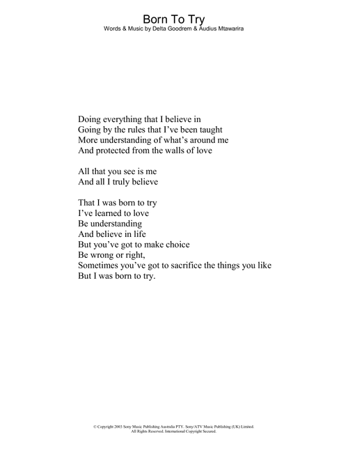 Born To Try - Delta Goodrem (Lyrics)