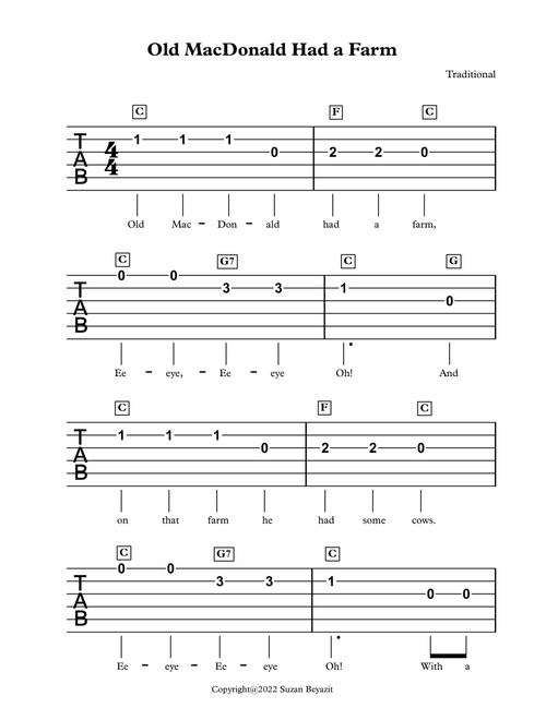 Old MacDonalds Had A Farm (with Guitar Tablature) (Arr. Suzan Beyazit) - Traditional (Easy Guitar with TAB)