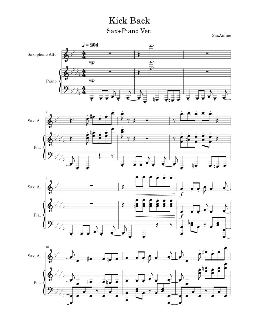 Kick Back Sax/Piano - Chainsaw Man OP1 Sheet Music for Piano