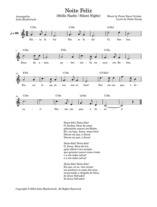 Noite Feliz (Arr. Julia Muchwitsch) - Franz Xaver Gruber (Piano Chords-Lyrics)