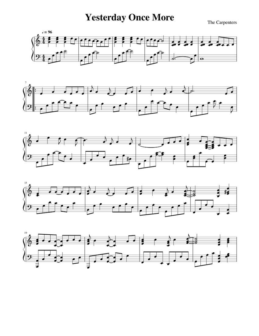 Yesterday Once More by The Carpenters Sheet Music for Piano