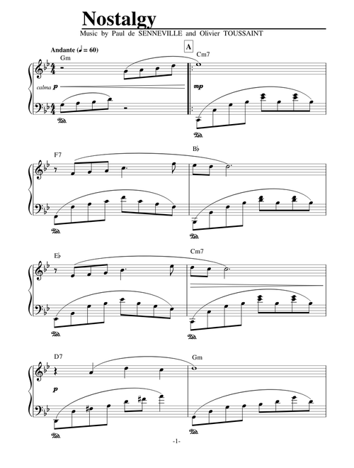 Nostalgy by Olivier Toussaint arranged Richard Clayderman for Piano