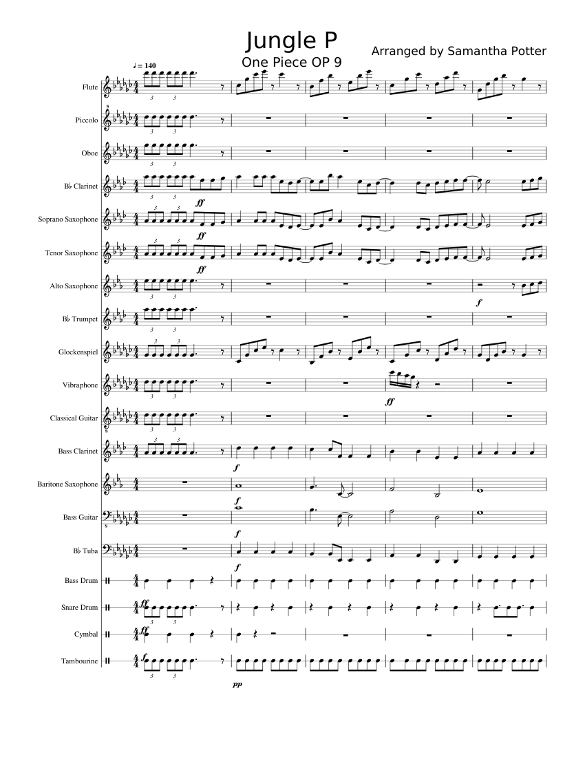 Jungle P One Piece Opening 9 Sheet Music For Tuba Tambourine Flute Piccolo Flute More Instruments Mixed Ensemble Musescore Com