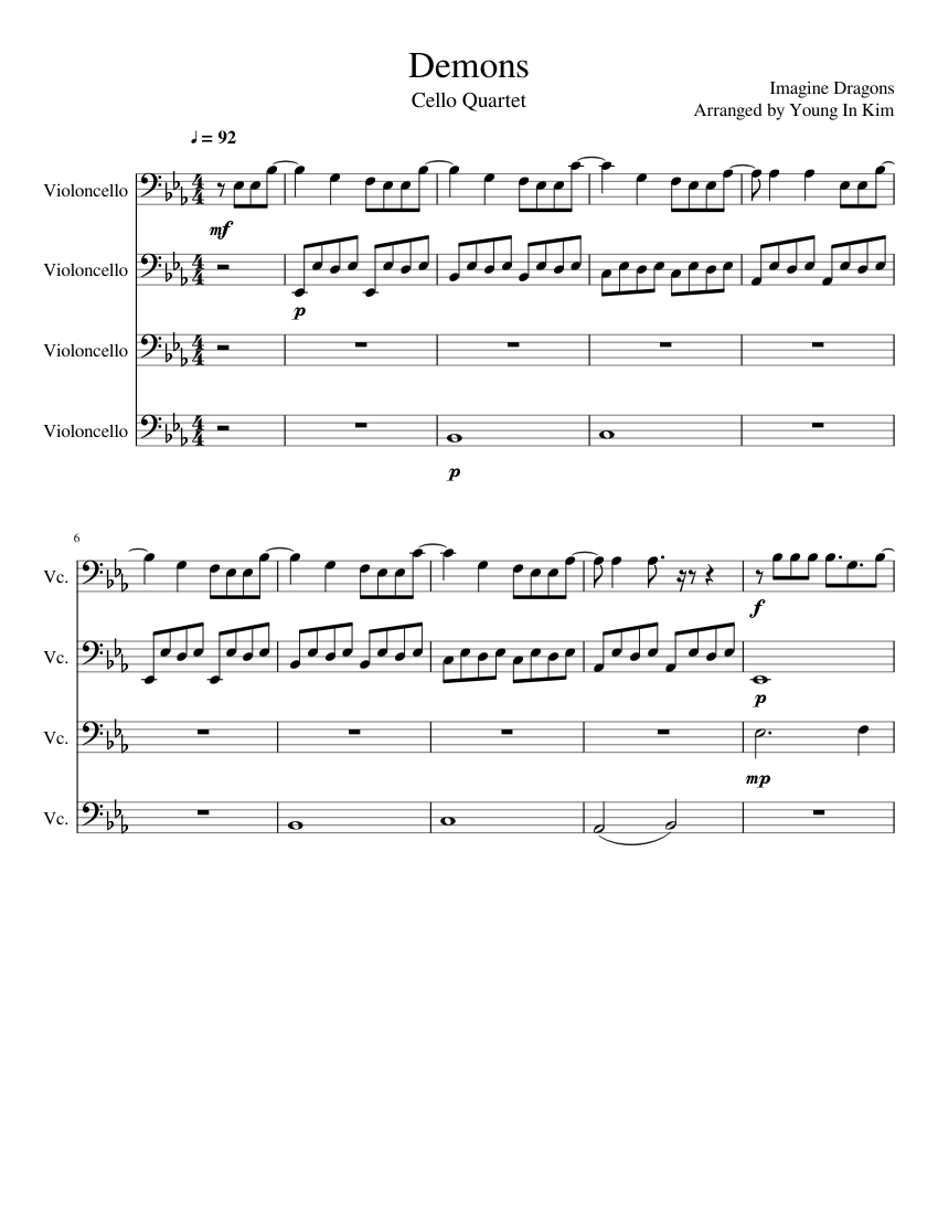 Demons Imagine Dragons Cello Quartet Sheet Music for Cello (String ...