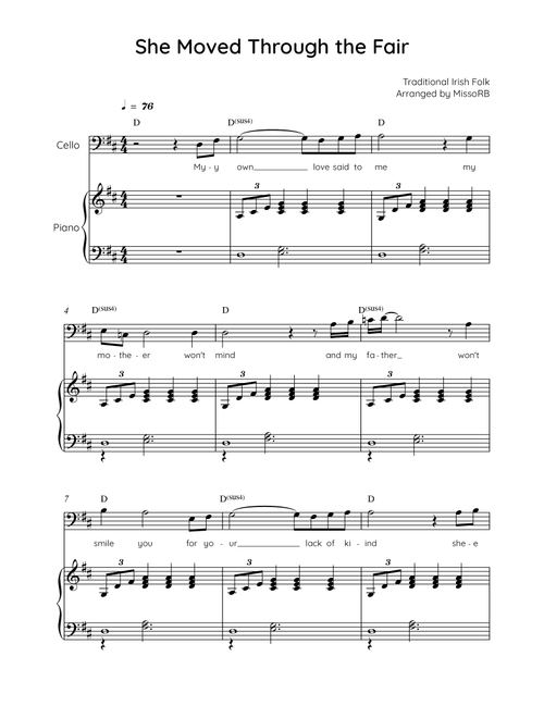 She Moved Through the Fair - Cello with Piano in D with Chords and Lyrics - Easy (Arr. MissoRB) - Traditional Irish Folk Song (Cello and Piano)