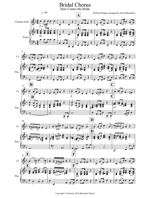 Bridal Chorus "Here Comes The Bride" for Clarinet and Piano (Arr. David Burndrett) - Richard Wagner (Instrumental Solo (with Piano Accompaniment))