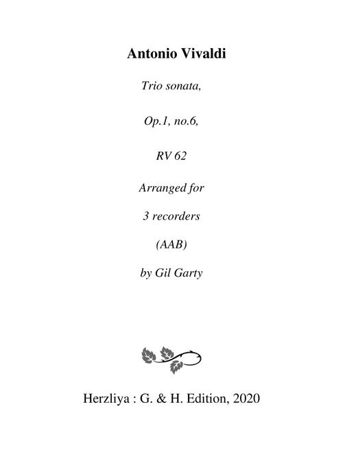 Trio sonata Op.1, no.6 RV 62 (Arrangement for 3 recorders (AAB)) (Arr. Gil Garty) - Antonio Vivaldi (Recorder Ensemble)