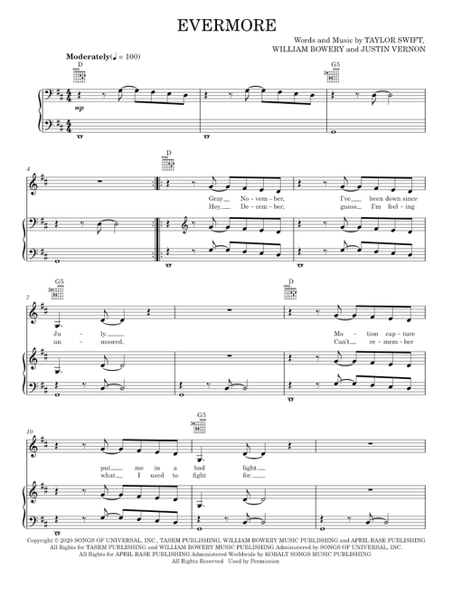 Evermore - Taylor Swift (Piano-Vocal-Guitar)