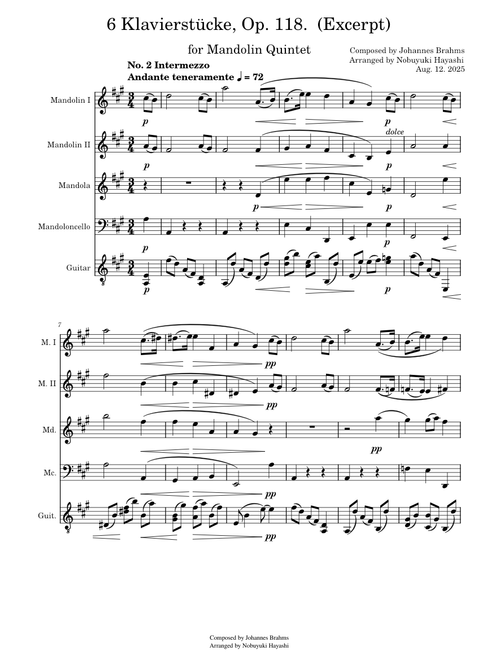 6 Klavierstücke, Op.118 – Johannes Brahms for Mandolin Quintet
