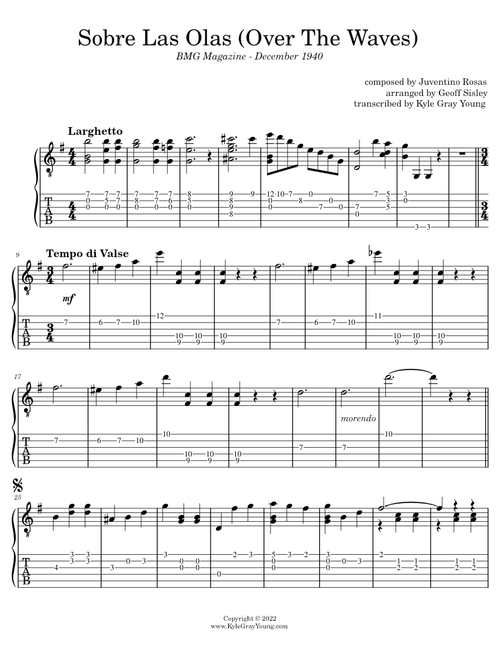 Sobre Las Olas (Over The Waves) – Juventino Rosas (1940 plectrum guitar tablature)