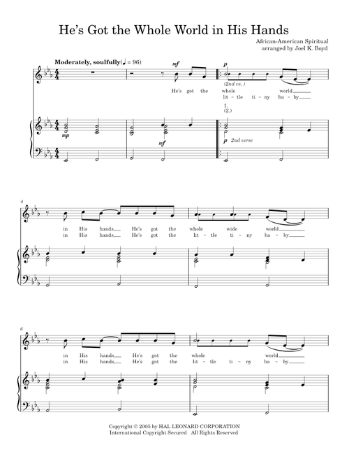 He's Got The Whole World In His Hands - Traditional Spiritual (Piano Vocal)