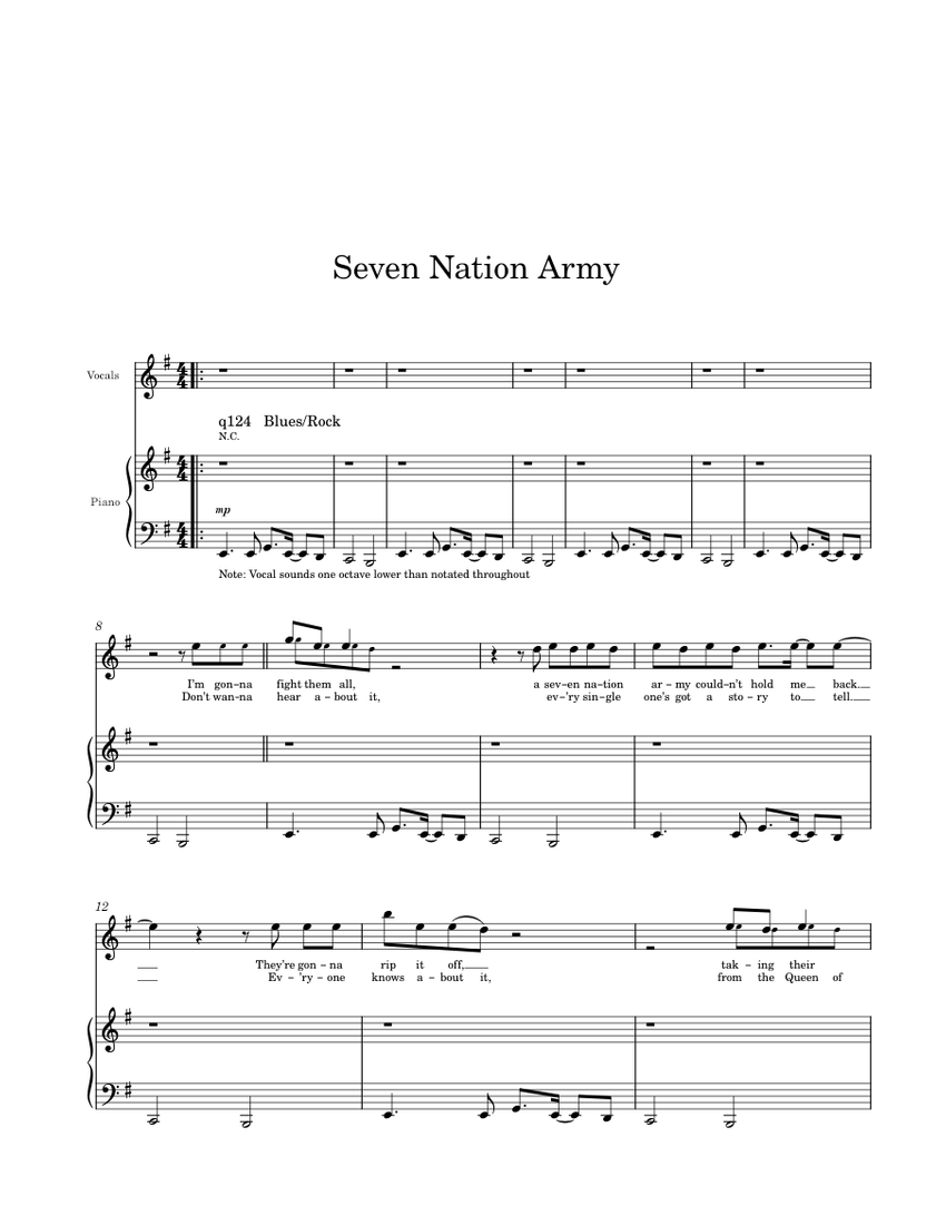 7 Nation Army The White Stripes Seven Nation Army Vocals Sheet Music For Piano Flute Solo