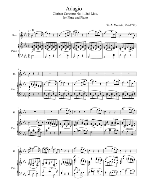 Mozart - Clarinet Concerto No. 1, 2nd Mov. Adagio, for Flute and Piano