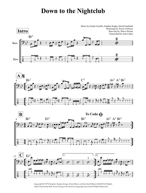 Down To The Nightclub (Arr. Transcription by Josh Cohen) - Tower Of Power (Bass Tab)