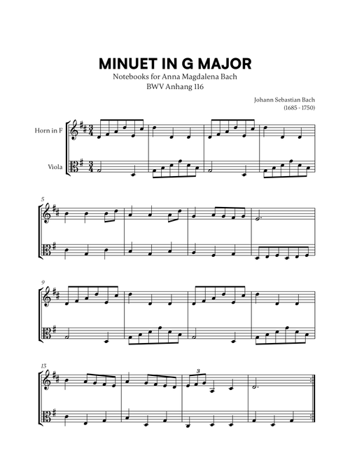 Johann Sebastian Bach - Minuet in G Major (BWV Anh. 116) (for French Horn and Viola) (Arr. Cadenza Editions) (Instrumental Duet)