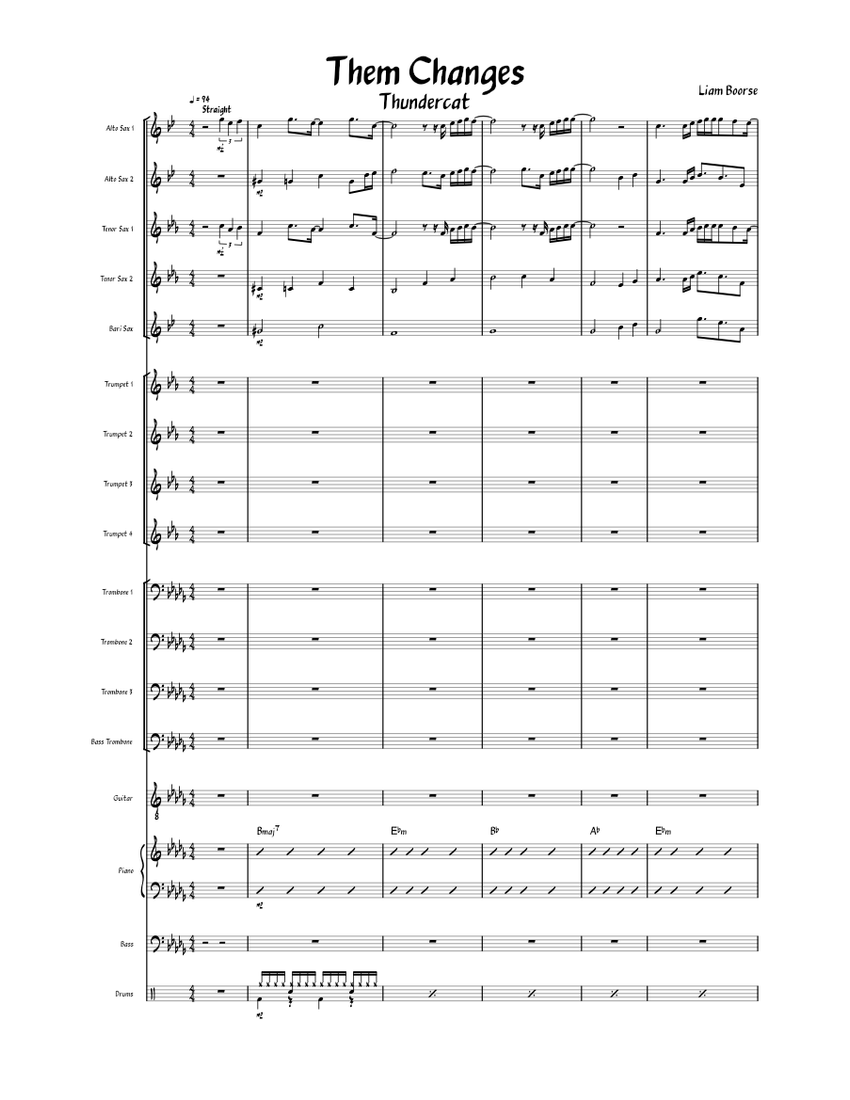 Them changes Thundercat Sheet music for Piano, Trombone, Trombone bass, Saxophone alto & more