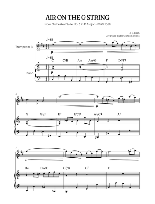 JS Bach • Air on the G String from Suite No. 3 BWV 1068 | trumpet & piano sheet music w/ chords (Arr. Benzaiten Editions) - Johann Sebastian Bach (Trumpet and Piano)