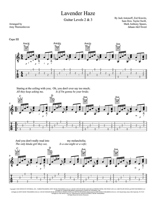 Lavender Haze (Arr. Amy Warmenhoven) - Taylor Swift (Guitar Tab with Voice)
