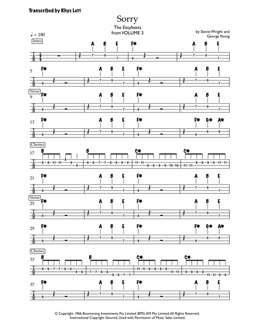 Sorry (Arr. Rhys Lett) - The Easybeats (Bass Tab)